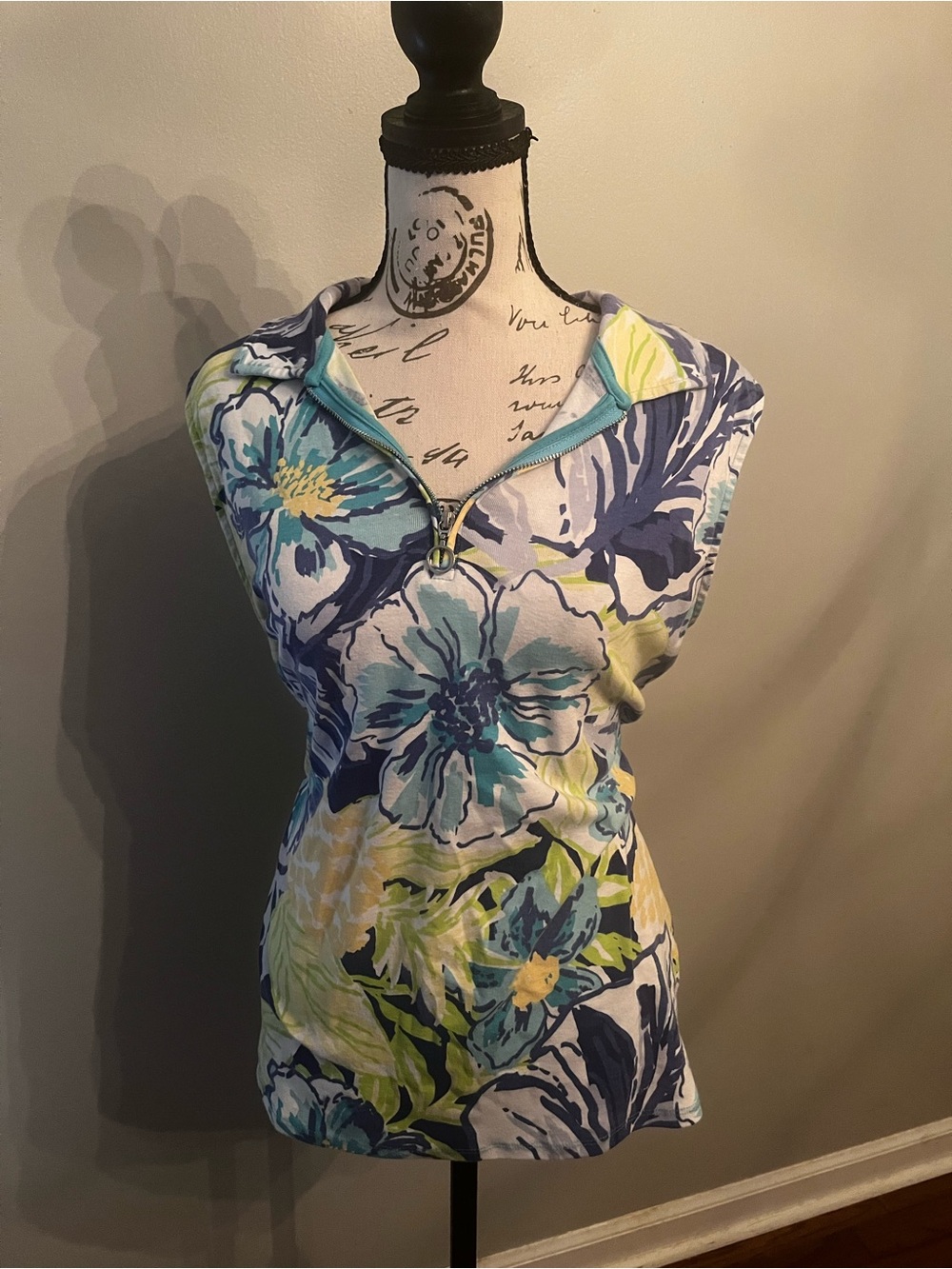 Y2K vintage coastal Teal, Blue & Yellow Floral Zip Polo